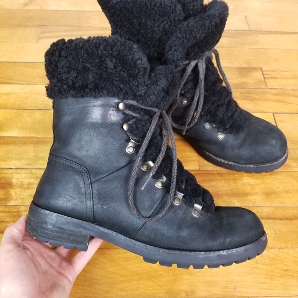 UGG Shoes - UGG Fraser Lace Up Shearling Black Leather Boots Winter Water Resistant US 8.5